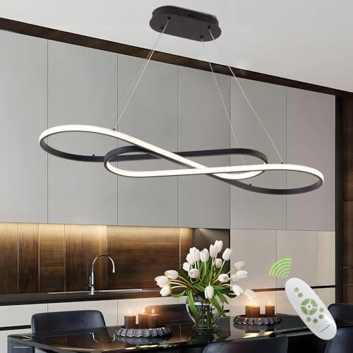 Black Modern Chandelier for Dining Room L39.4inch Dimmable Led Pendant Light for Kitchen Island Height Adjustable with Remote