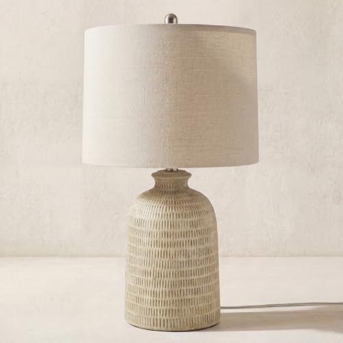 Home 24" Natural Beige Textured Ceramic Table Lamp with Tan Linen Shade