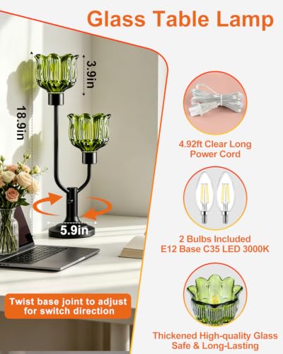 Green Glass Table Lamp Vintage Black Flower Lamp Gift Dimmable