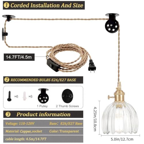 Plug in Pendant Light Hanging Light Fixture Corded On