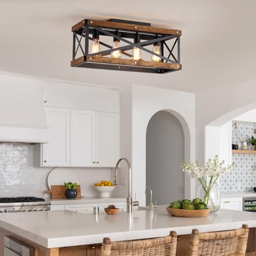4 Light Large Rustic Farmhouse Wood Flush Mount Ceiling Light Fixture 23.6 inch Oak Wood and Metal Rectangular Track Semi Flush Mount Ceiling Light for Kitchen Living Room Bedroom Indoor