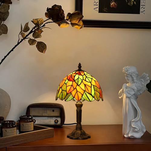 Tiffany Lamp Maple Leafs Stained Glass Bedside Nightstand Table Lamp