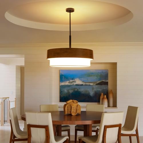 23.6" Large Wood Texture Drum Chandelier for Dining Room with White Fabric