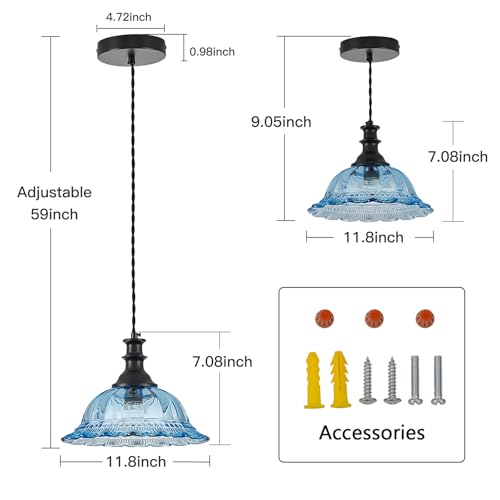 Blue Glass Pendant Lights Modern Pendant Lighting Fixtures 11.8 in Hanging Lamp for Kitchen Island Bedroom Dining Room Coffee Shop Hallway Hotel Living Room