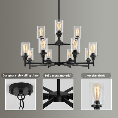 2-Tier 12-Light Large Black Farmhouse Chandeliers for Living Dining Room
