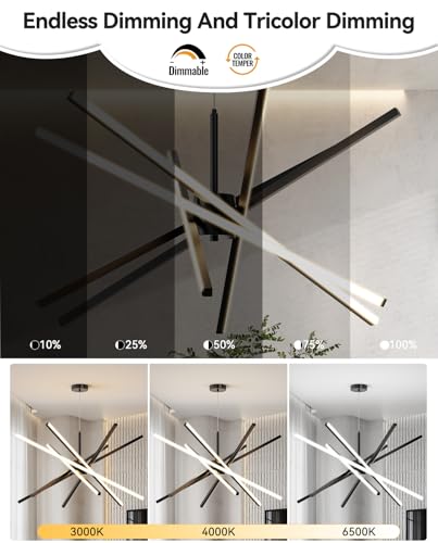 Modern Sputnik Chandelier Ceiling LED Black Pendant Light Embedded Mount Chandeliers Dining Room Light Fixtures Over Table Dimmable with Remote Control for Living Room Kitchen Bedroom
