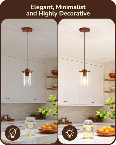 Farmhouse Pendant Light Wood Grain Finish Clear Glass Shade