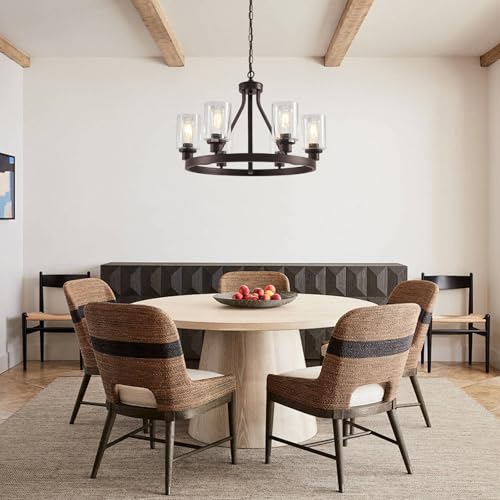 6 Light Farmhose Chandelier for Dining Room Light Fixture Oil Rubbed Bronze Kitchen Pendant Light Round Rustic Ceiling Hanging Lighting with Glass Globes Adjustable Height Metal E26