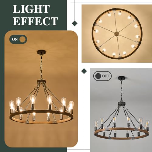 Farmhouse Wagon Wheel Chandelier 31" Oak Wood Chandelier Light Fixture 12