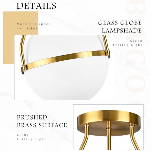 10" Modern Semi Flush Mount Ceiling Light Fixture Mid Century Ceiling Light Globe Ceiling Light Fixture with Milk Glass Shade Brass Finish for Kitchen Island Hallway Living Room