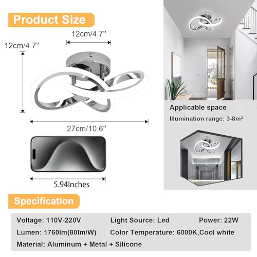 Hallway Light Acrylic Modern LED Ceiling Light Fixtures Cool White 6000K Close to Ceiling Lights for Bedroom Bathroom Kitchen Balcony Corridor Stair Aisle Curved Creative Design Celing lamp