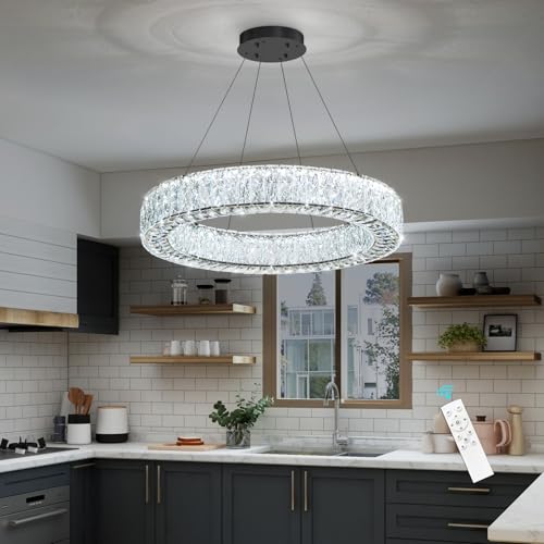 Modern Round Crystal Chandelier Remote Dimmable Ceiling Light Fixture for Dining Room Living Room Kitchen Island Black