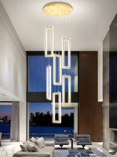 Modern Led Gold Chandelier Adjustable 6 Rings Crystal Chandelier for Living Room Foyer Stairwell Lighting High Ceiling Lamp Dimmable 2700K