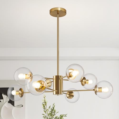 8 Light Globe Sputnik Chandelier Modern Gold Sputnik Chandelier Mid Century Globe Pendant Light Brushed Brass Finished with Clear Glass Lampshade Chandeliers for Kitchen Bedroom (8 Count)