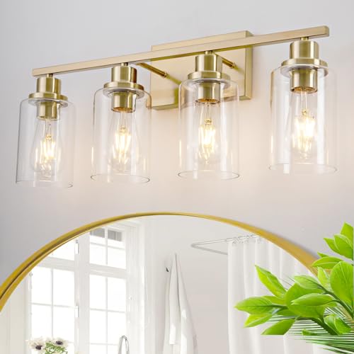 4 Light Gold Bathroom Light Fixtures Brushed Brass Vanity Light Over Mirror Modern Farmhouse Wall Lighting Sconces Wall Lamp for Bathroom