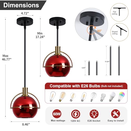 2 Pack Modern Red Glass Pendant Lights Kitchen Island (2 Count)