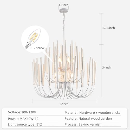 Extra Large Chandelier Farmhouse Whitewash Wood 32Inch Pendant Light