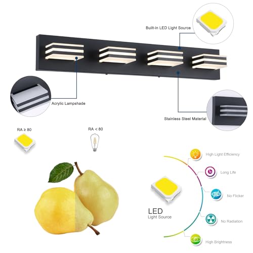 4 Light LED Black Vanity Lights for Bathroom Light Fixtures Adjust 3 Colors Modern Bath Lighing Over Mirror LED Vanity Light 27inch Acrylic Heads (4 Count)