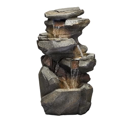 40" Tall Outdoor Multitiered Rock Waterfall Floor Fountain with LED Lights