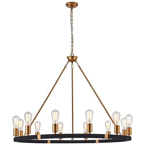 12 Lights Wagon Wheel Chandelier Bohemia Black Hand Woven Rattan Chandelier Farmhouse Large Brass Pendant Light for High Ceilings Living Room Dining Room