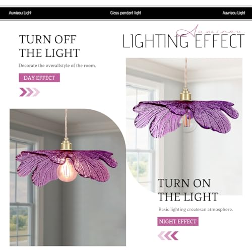Purple Glass Pendant Light Fixtures 15.75" Large Flower Petal Ceiling Hanging Light Statement with Brushed Gold Base Mid Century Modern Chandelier for Kitchen Island Dining Room Living Room Foyer