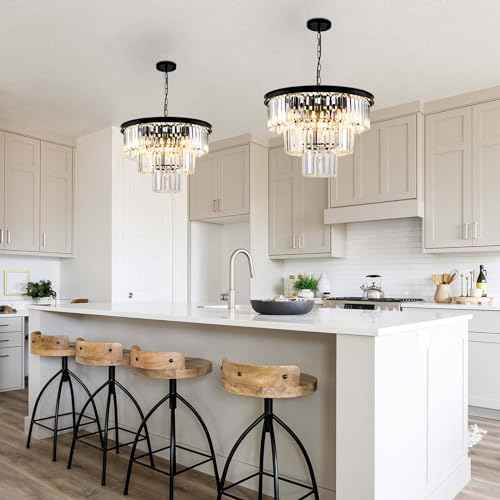 8 Light Modern Crystal Chandelier 20'' Black Chandeliers for Dining Room Contemporary Pendant Light Fixture Round 3-Tier Adjustable Height E12 for Living Room, Foyer, Entryway, Bedroom