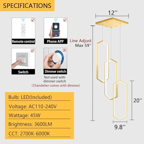 3 Rings Dimmable Pendant Lighting Adjust LED Chandelier Ceiling Light Fixtures for Kitchen Island Dining Room Living Room Bedroom Gold