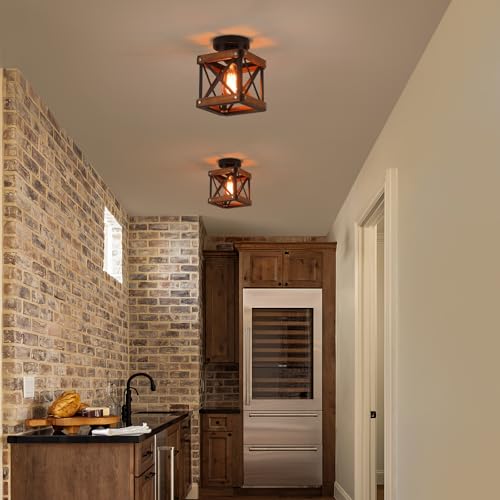 Rustic Farmhouse Wood Flush Mount Ceiling Light Fixture Oak Wood and Metal Square Cage Small Semi Flush Mount Ceiling Light for Kitchen Hallway Entry Bedroom Country Farmhouse