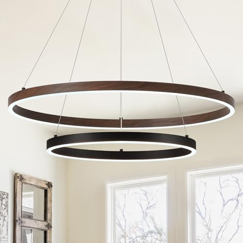 2 Ring LED Chandelier Black Walnut Wood Chandelier for Dining Room Dimmable