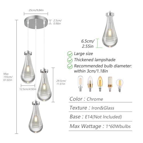 Raindrop Pendant Lights Kitchen Island Teardrop Chrome Hanging Light Fixtures Clear Solid Glass Pendant Light Modern Chandeliers for Dining Room Porch Corridor Living Room
