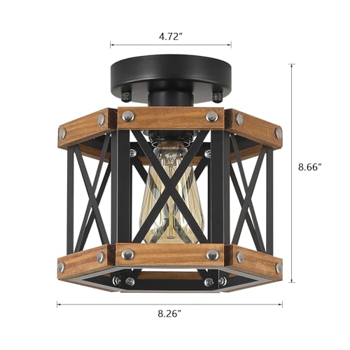 Rustic Farmhouse Wood Flush Mount Ceiling Light Fixture Oak Wood and Metal Hexagon Cage Small Semi Flush Mount Ceiling Light for Kitchen Hallway Entryway Bedroom Farmhouse Country (Small 1 light)