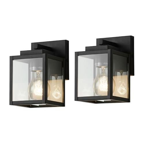 7" Classic Outdoor Wall Sconce 1 Light in Matte Black Rectangular Metal Frame and Clear Glass Shade Waterproof Porch Light Patio Light Pack of 2 (2 Count)