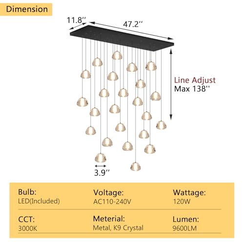 24 Lights Modern Rectangular Crystal Chandelier LED Raindrop Ceiling Pendant Light Crystal Lighting Fixture for Living Room Hotel Staircase Hallway Foyer Entryway Bedroom Black