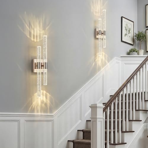Crystal Wall Sconces Set of Two LED Wall Sconce Hardwired Brushed Nickel Bathroom Vanity Light Fixtures 21.25in 4000K Vertical and Horizontal Wall Mounted Sconces for Bedroom Living Room (2 Count)