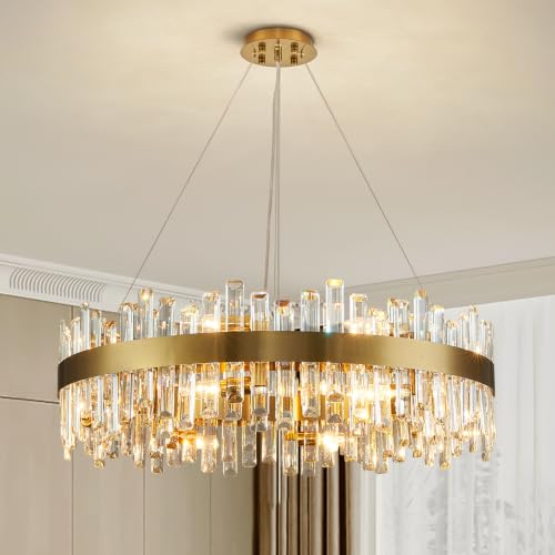 Modern Brass Gold Round Crystal Chandelier for Dining Room D31.5''