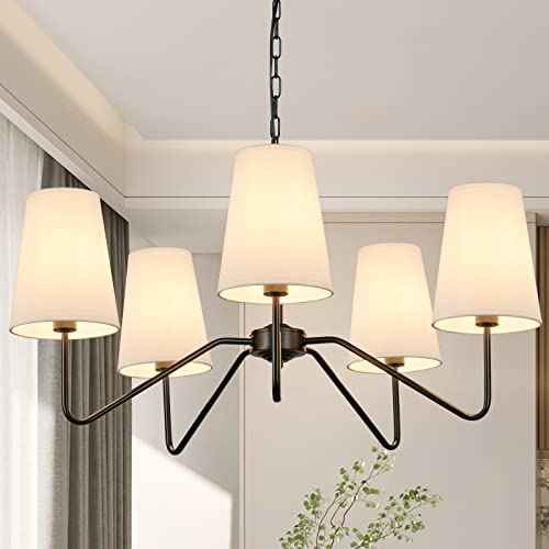 5-Light 30” Modern Chandelier with White Shades, Classic Pendant Ceiling Light Fixture for Dining Room, Black Chandelier with E12 Base Hanging Lamp for Living Room Hallway Bedroom, Height Adjustable
