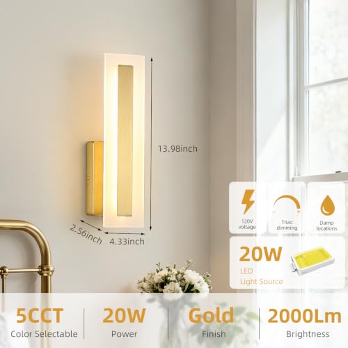 Hardwired Wall Sconces Set of 2 Dimmable Modern Gold LED Wall Light