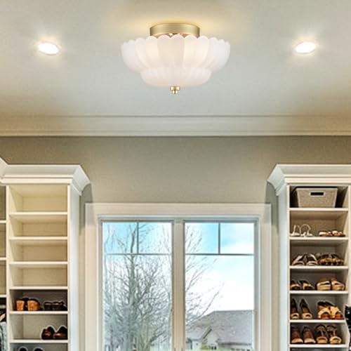 Gold Flush Mount Ceiling Light with Scalloped Frosted Milk Glass