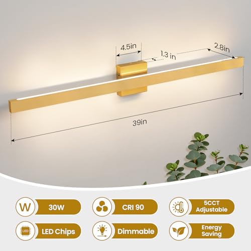 Modern Bathroom Light Fixtures 39 Inch Gold Bathroom Vanity Light with Up & Down Lighting 30W Dimmable 5CCT LED Vanity Lighting Fixture Bar for Bathroom Restroom