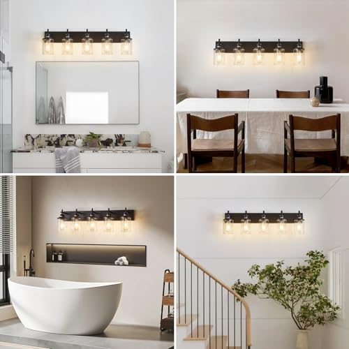 5 Light Black Bathroom Light Fixture Over Mirror Modern Farmhouse Bathroom Vanity Light Vintage Wall Lighting with Clear Glass Shade for Bathroom (5 Count)