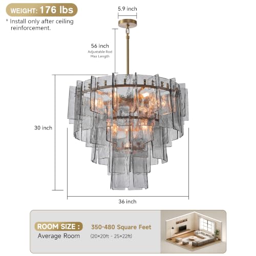 36" Extra Large Tiered Smoked Clear Textured Glass Chandelier