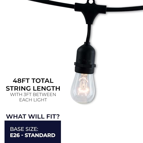 STRING15/E26-S14KT Outdoor, Garden, Patio, Wedding, Party, Holiday, Lawn, and Landscape String Light w/Incandescent Bulbs, 48-Feet, 15 Lights