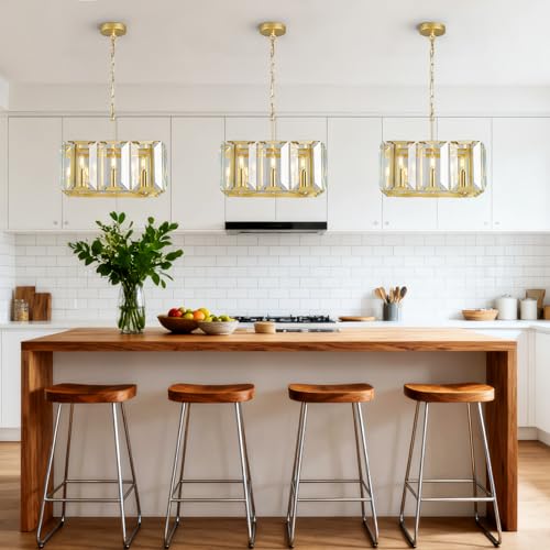 Gold Modern Crystal Chandeliers Rectangle Farmhouse Pendant Light Semi Flush Mount Ceiling Light Fixture for Bedroom Dining Room Kitchen Island Living Room Foyer Hallway