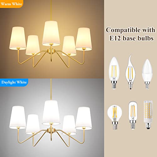 5 Light Gold 30” Modern Chandelier with White Shades for Dining Room