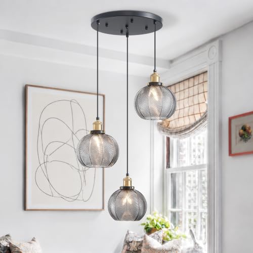 3 Light Modern Smoky Gray Striped Glass Cluster Pendant Light