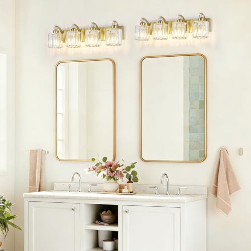 4 Lights Brushed Brass Bathroom Light Fixture Gold Vanity Lights Modern Crystal Bathroom Vanity Lighting Over Mirror Wall Sconce with K9 Crystal Shade E26 Base for Living Room