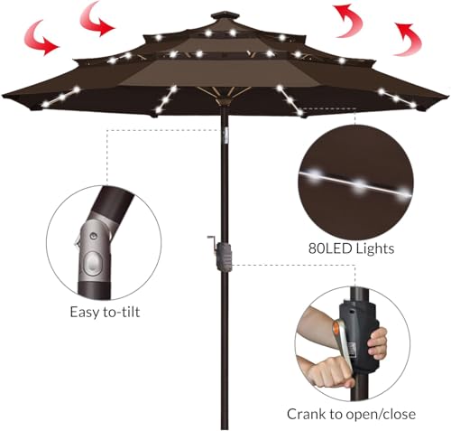 USA 10-Year-Non-Fading 9ft 3-Tier Market Patio Umbrella, Commercial Table Umbrella with 80 Solar LED Lights, Crank Open, Windproof & UPF 50+ UV Protection for Garden, Deck, Pool, Backyard, Chestnut