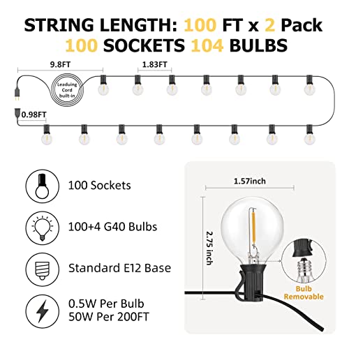 200FT Outdoor String Lights G40 Globe Patio Lights Waterproof Outdoor Hanging Lights with 104 Shatterproof LED Bulbs Dimmable String Lights for Outside Bistro Backyard Market