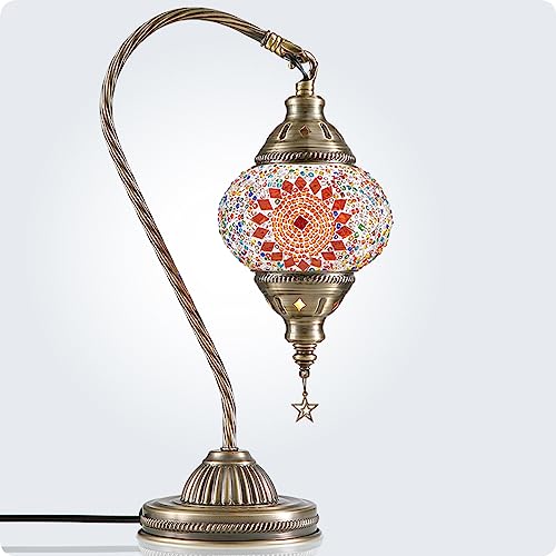 Turkish Moroccan Lamp with Bronze Base 3 Color Options Handmade Swan Neck Mosaic Glass Bedside Lamps for Bedroom