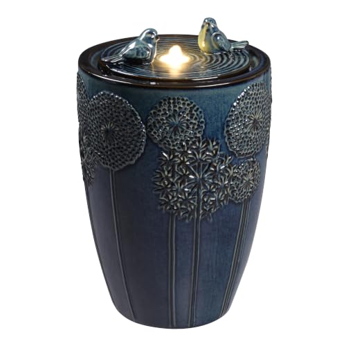 Blue Ceramic Bird & Dandelion Fountain